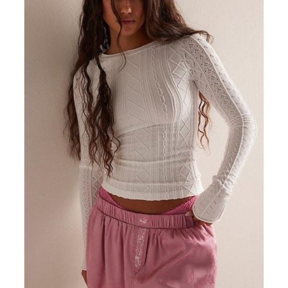Free People  So Soft Seamless Modal Cable Long Sleeve Clean Ivory - size L/XL